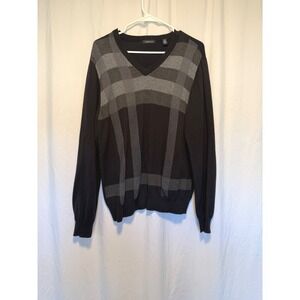 Van Heusen V-Neck Sweater Women Size M Black Excellent Plaid Pattern Long Sleeve